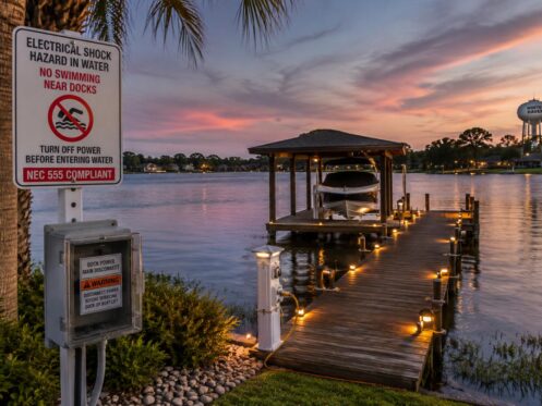 Serene lakeside sunset with safety signs
